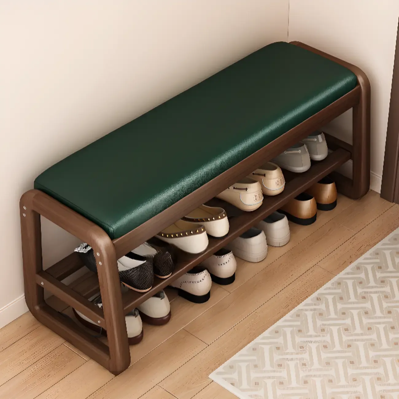 Modern Upholstered Natural Wooden Bench with Shoe Storage Image - 1