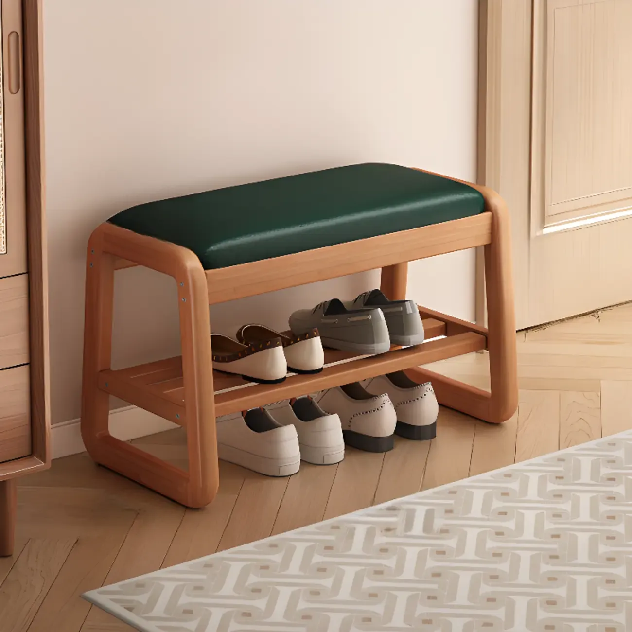 Short Wood Storage Entryway Bench Green Leather Seat | HomeyFad