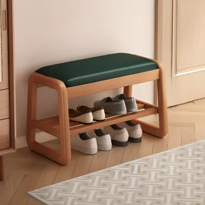 Modern Upholstered Natural Wooden Bench with Shoe Storage Image - 3