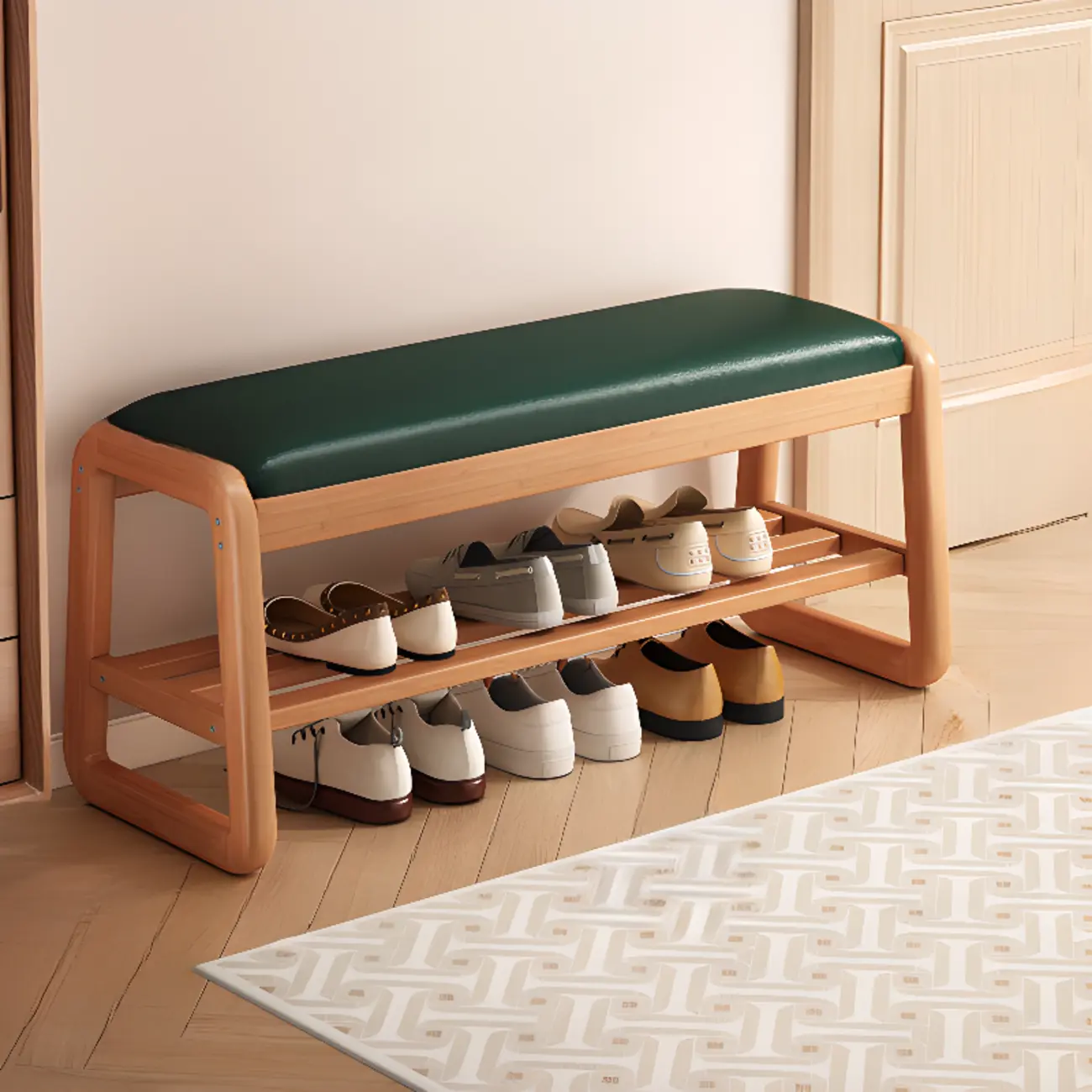 Modern Upholstered Natural Wooden Bench with Shoe Storage Image - 4 | homeyfad