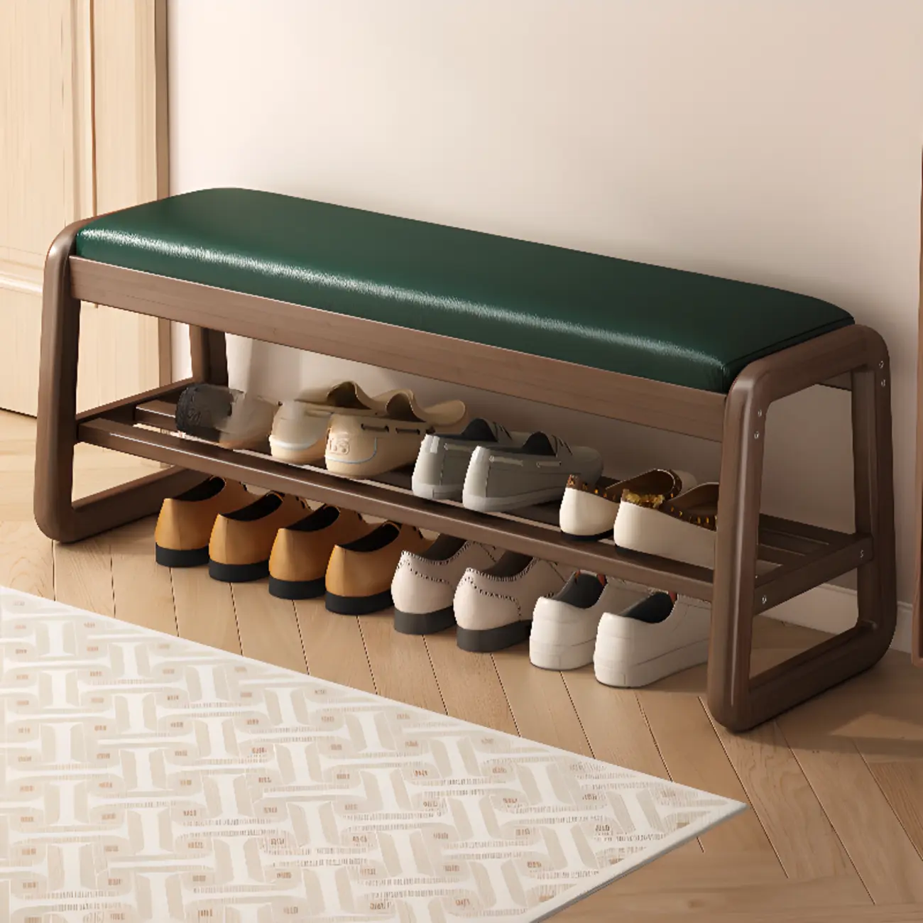 Modern Upholstered Natural Wooden Bench with Shoe Storage Image - 2 | homeyfad