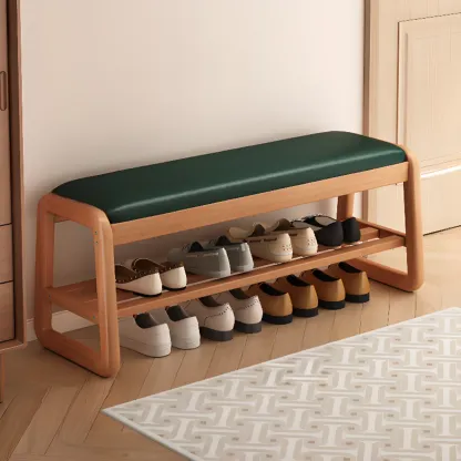 Modern Upholstered Natural Wooden Bench with Shoe Storage Image - 5
