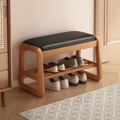 Modern Upholstered Natural Wooden Bench with Shoe Storage Image - 11