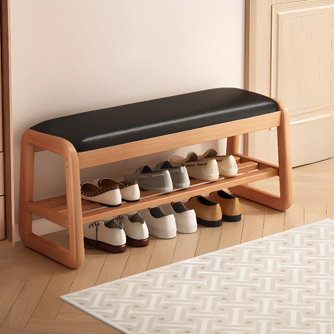 Modern Upholstered Natural Wooden Bench with Shoe Storage Image - 12 | homeyfad