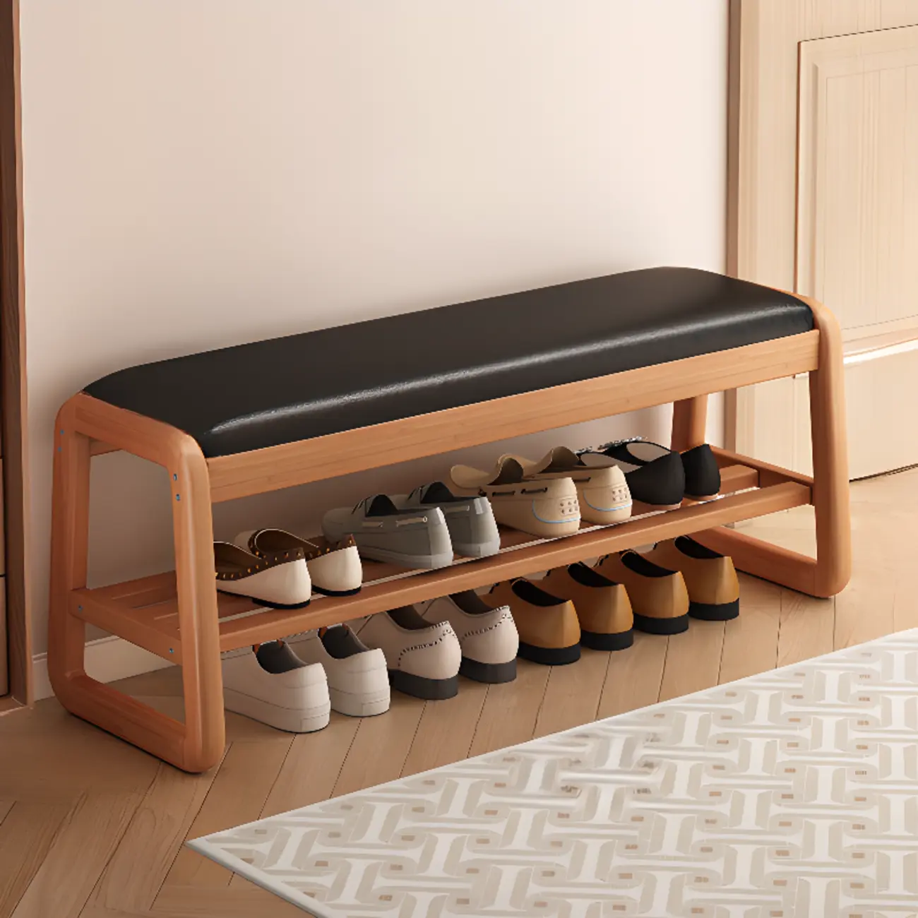 Modern Upholstered Natural Wooden Bench with Shoe Storage Image - 13 | homeyfad