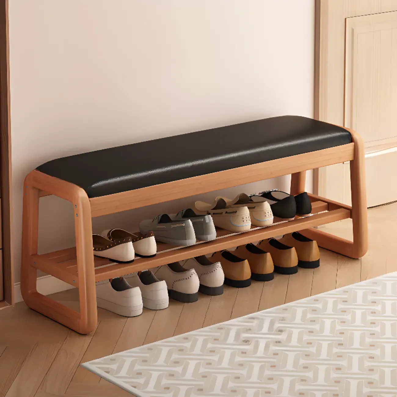 Modern Upholstered Natural Wooden Bench with Shoe Storage Image - 13