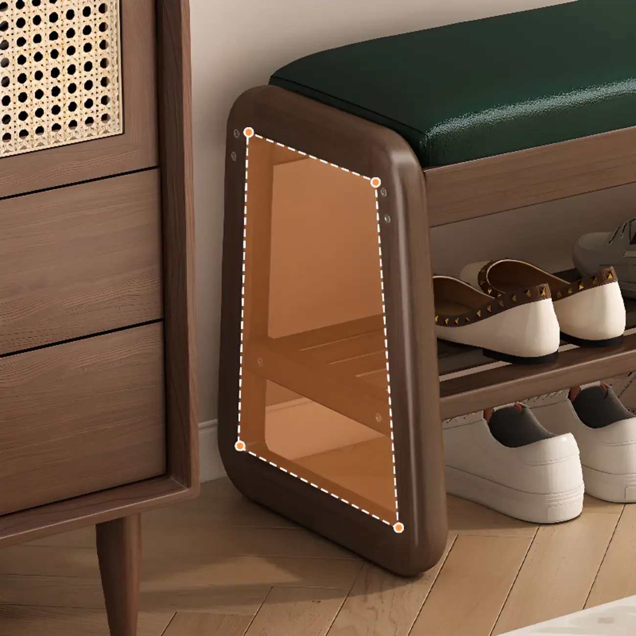 Modern Upholstered Natural Wooden Bench with Shoe Storage Image - 7