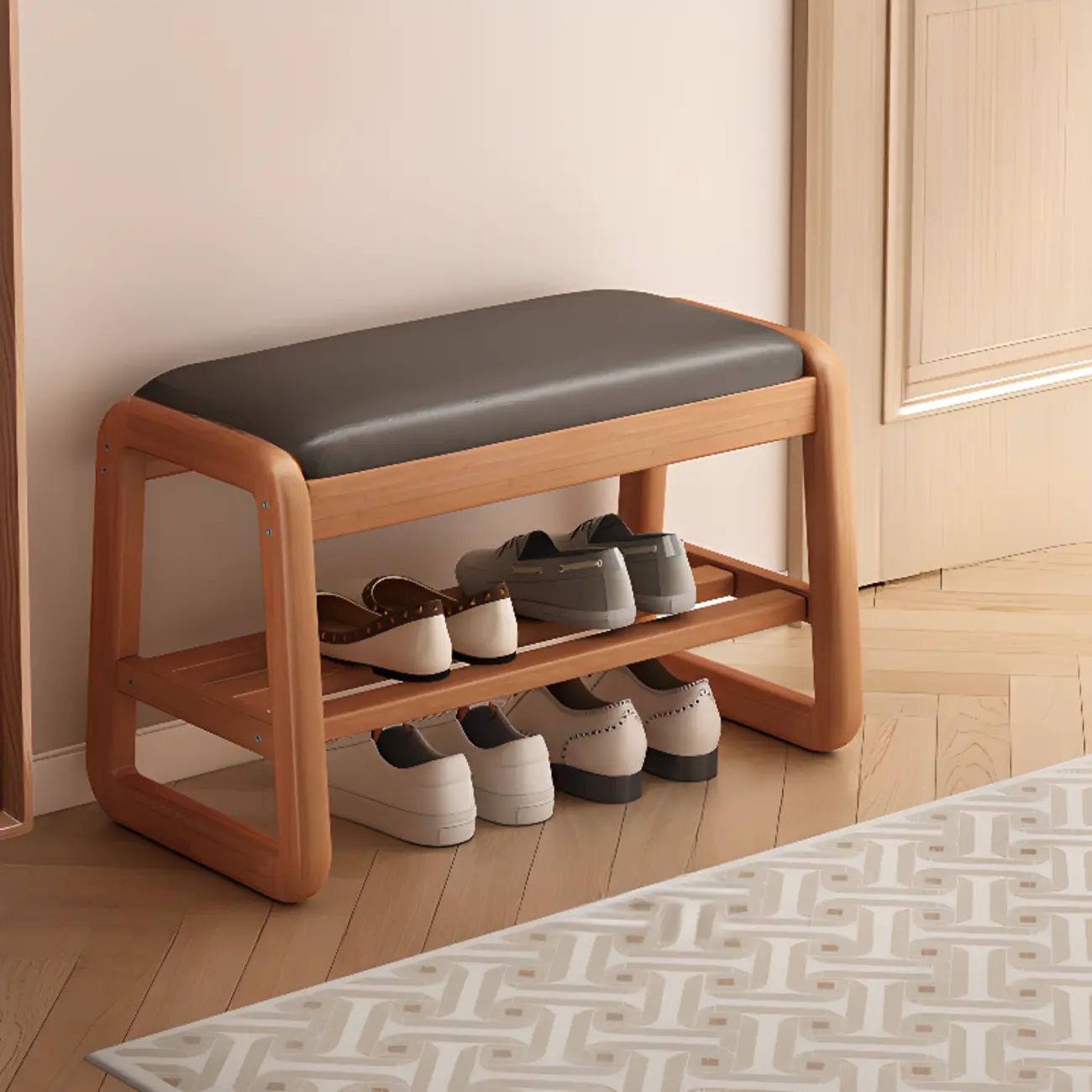 Modern Upholstered Natural Wooden Bench with Shoe Storage Image - 14 | homeyfad