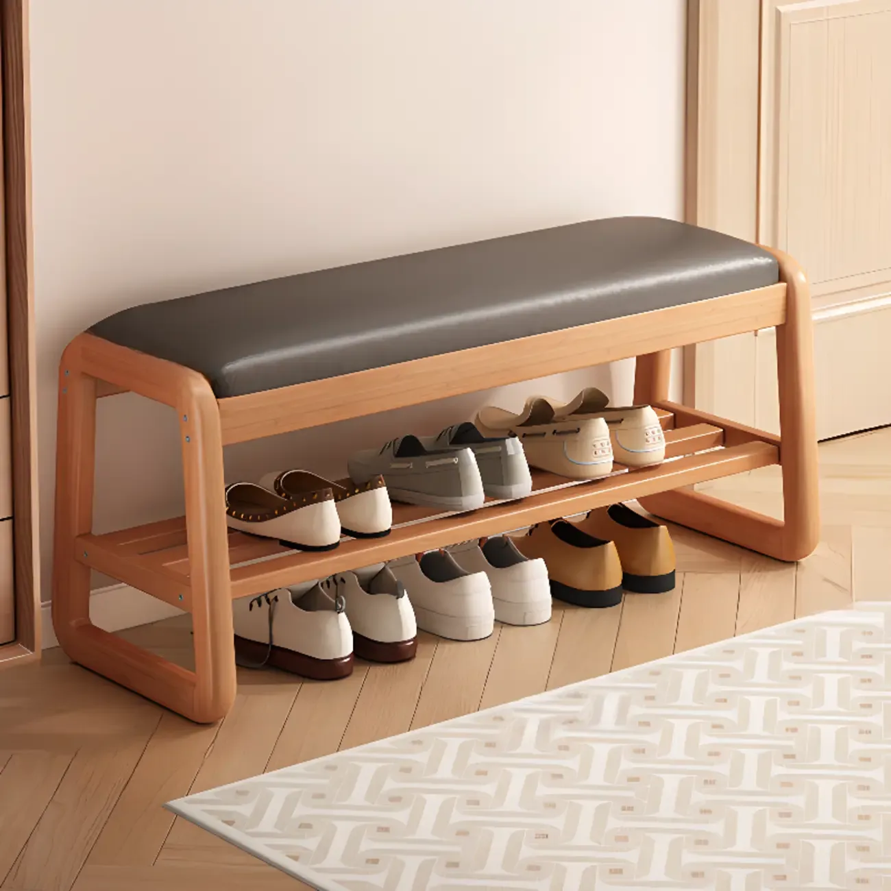 Modern Upholstered Natural Wooden Bench with Shoe Storage Image - 15