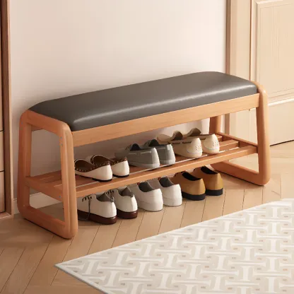 Modern Upholstered Natural Wooden Bench with Shoe Storage Image - 15