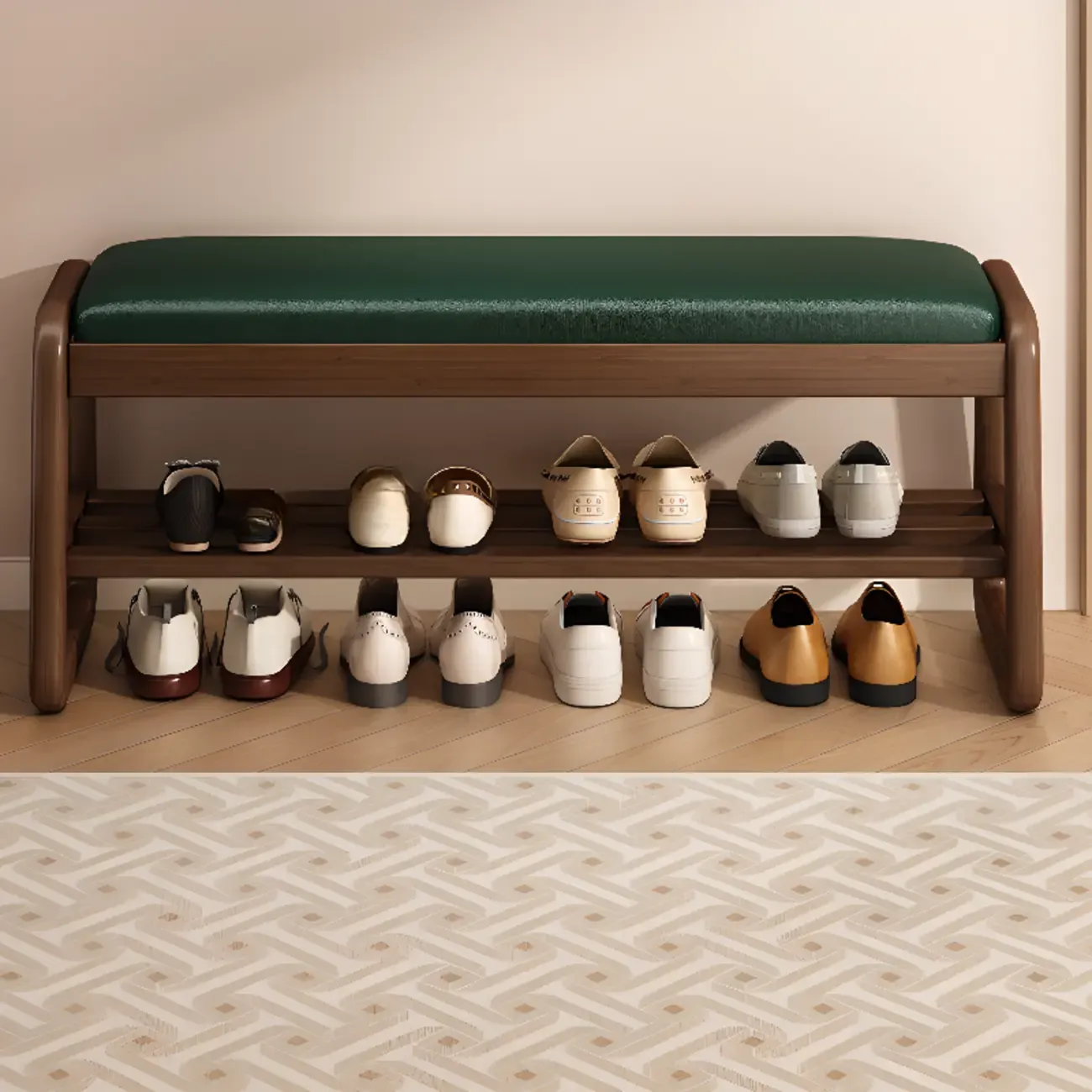 Modern Upholstered Natural Wooden Bench with Shoe Storage Image - 17
