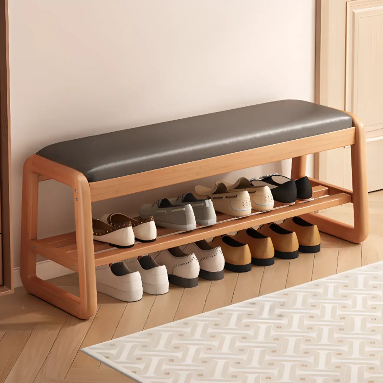 Modern Upholstered Natural Wooden Bench with Shoe Storage Image - 16