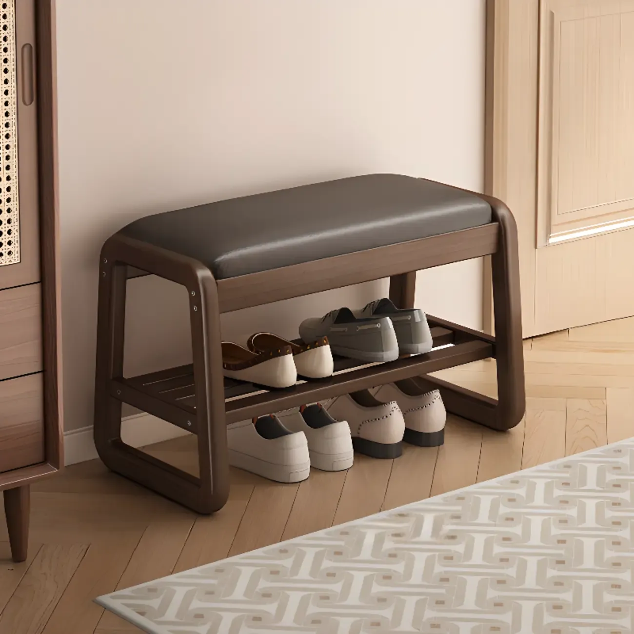 Modern Upholstered Natural Wooden Bench with Shoe Storage Image - 21
