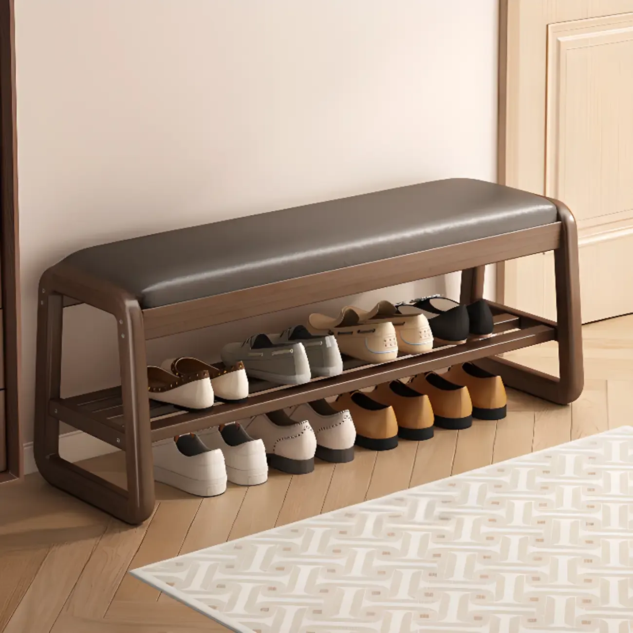 Modern Upholstered Natural Wooden Bench with Shoe Storage Image - 23