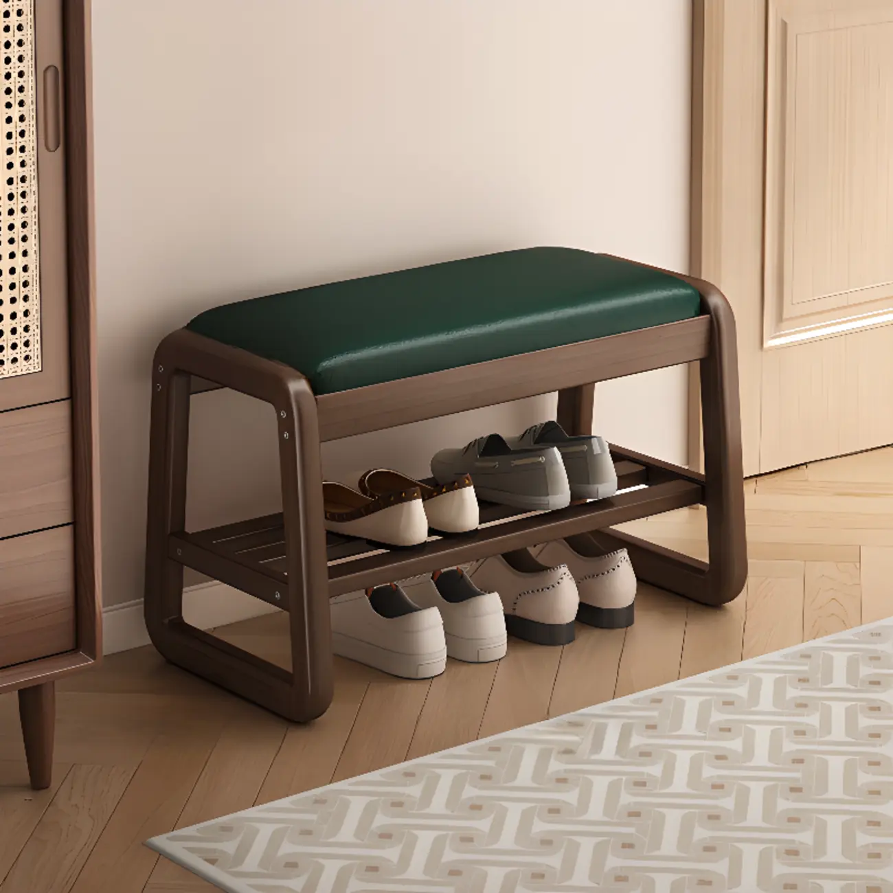 Modern Upholstered Natural Wooden Bench with Shoe Storage Image - 18 | homeyfad