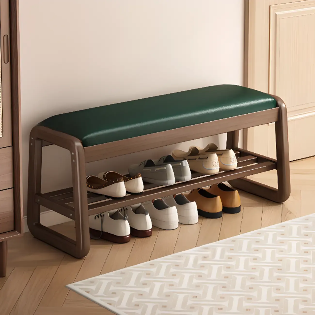 Modern Upholstered Natural Wooden Bench with Shoe Storage Image - 19