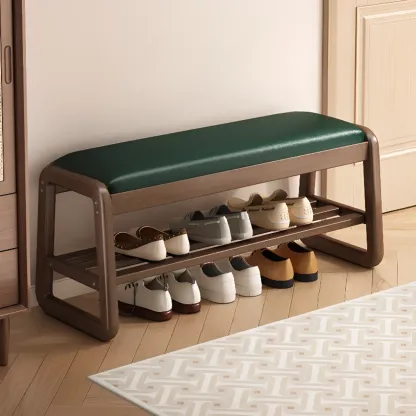 Modern Upholstered Natural Wooden Bench with Shoe Storage Image - 19