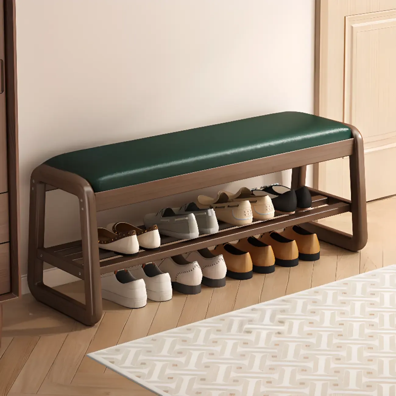 Modern Upholstered Natural Wooden Bench with Shoe Storage Image - 20