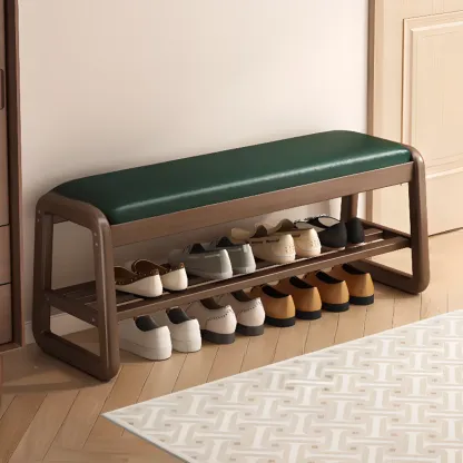 Modern Upholstered Natural Wooden Bench with Shoe Storage Image - 20
