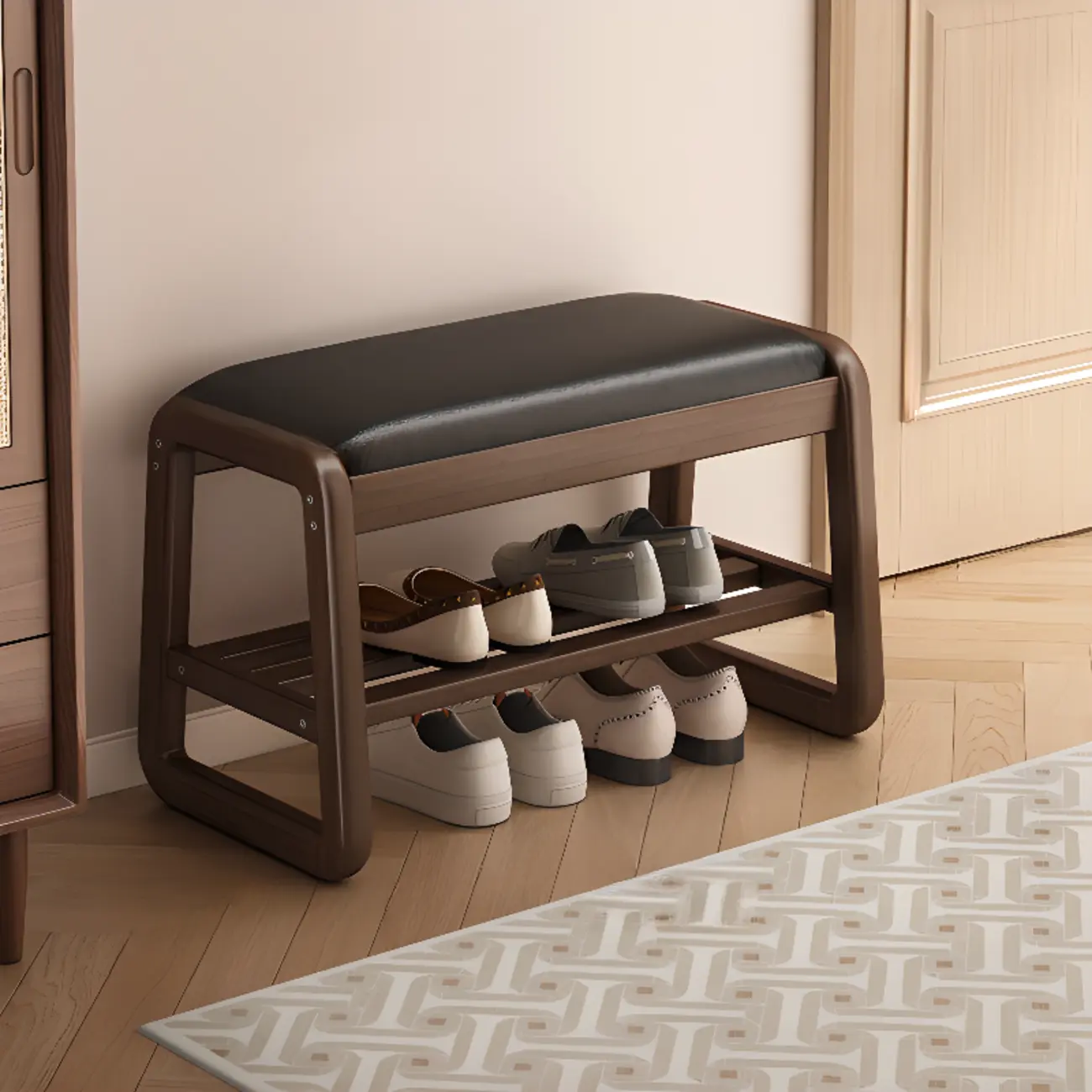 Modern Upholstered Natural Wooden Bench with Shoe Storage Image - 22 | homeyfad