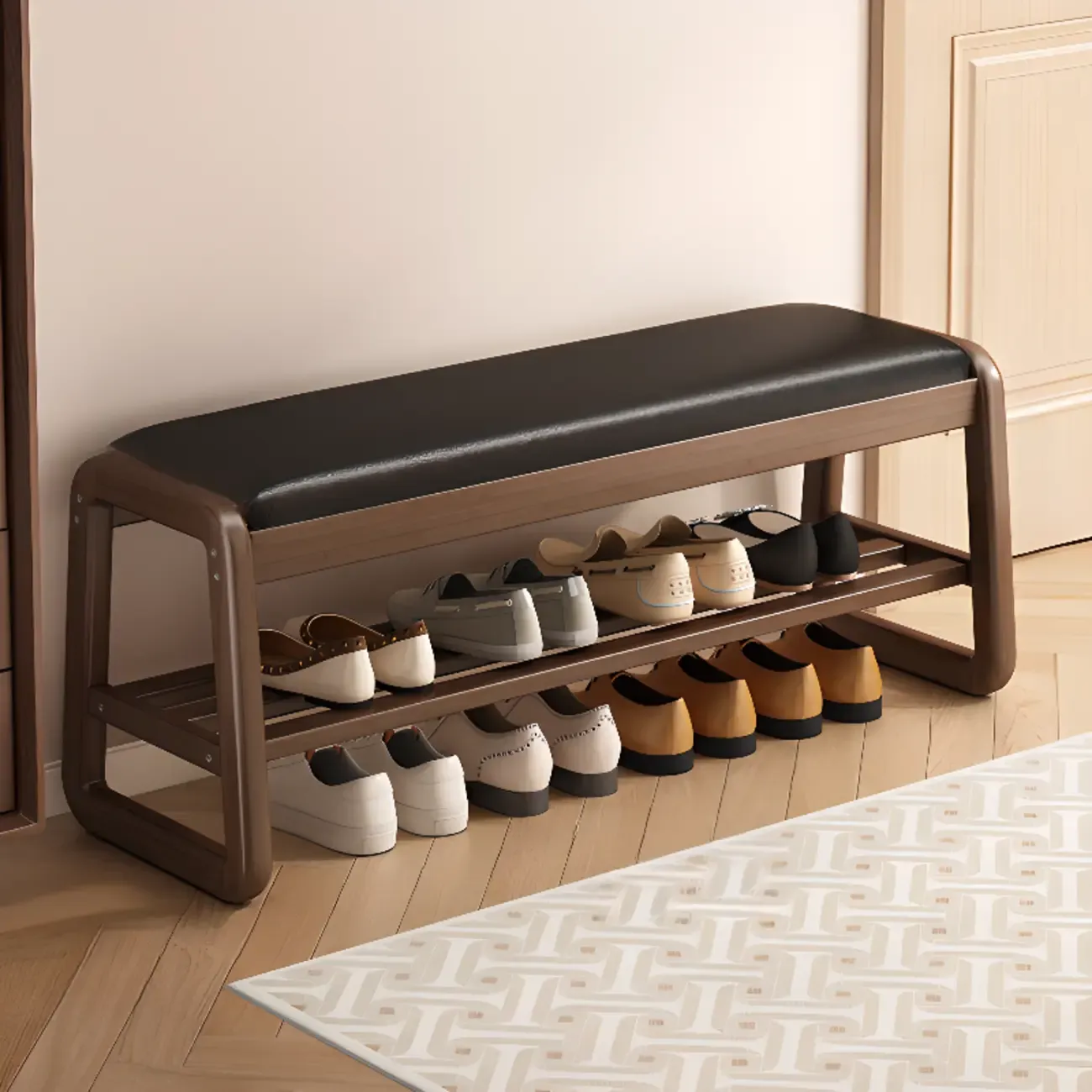 Modern Upholstered Natural Wooden Bench with Shoe Storage Image - 24