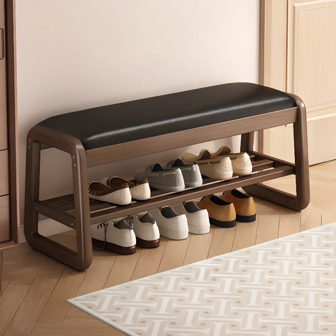 Modern Upholstered Natural Wooden Bench with Shoe Storage Image - 25 | homeyfad