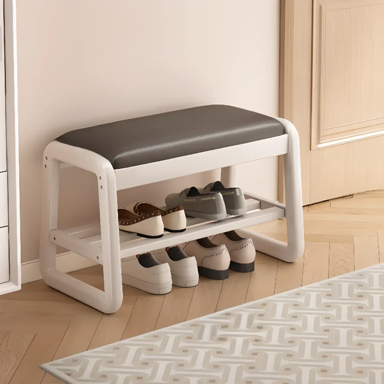 Modern Upholstered Natural Wooden Bench with Shoe Storage Image - 29