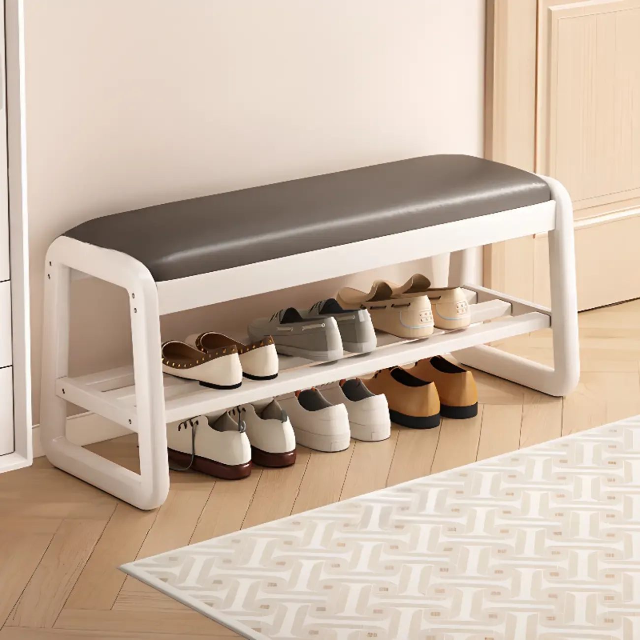 Modern Upholstered Natural Wooden Bench with Shoe Storage Image - 30