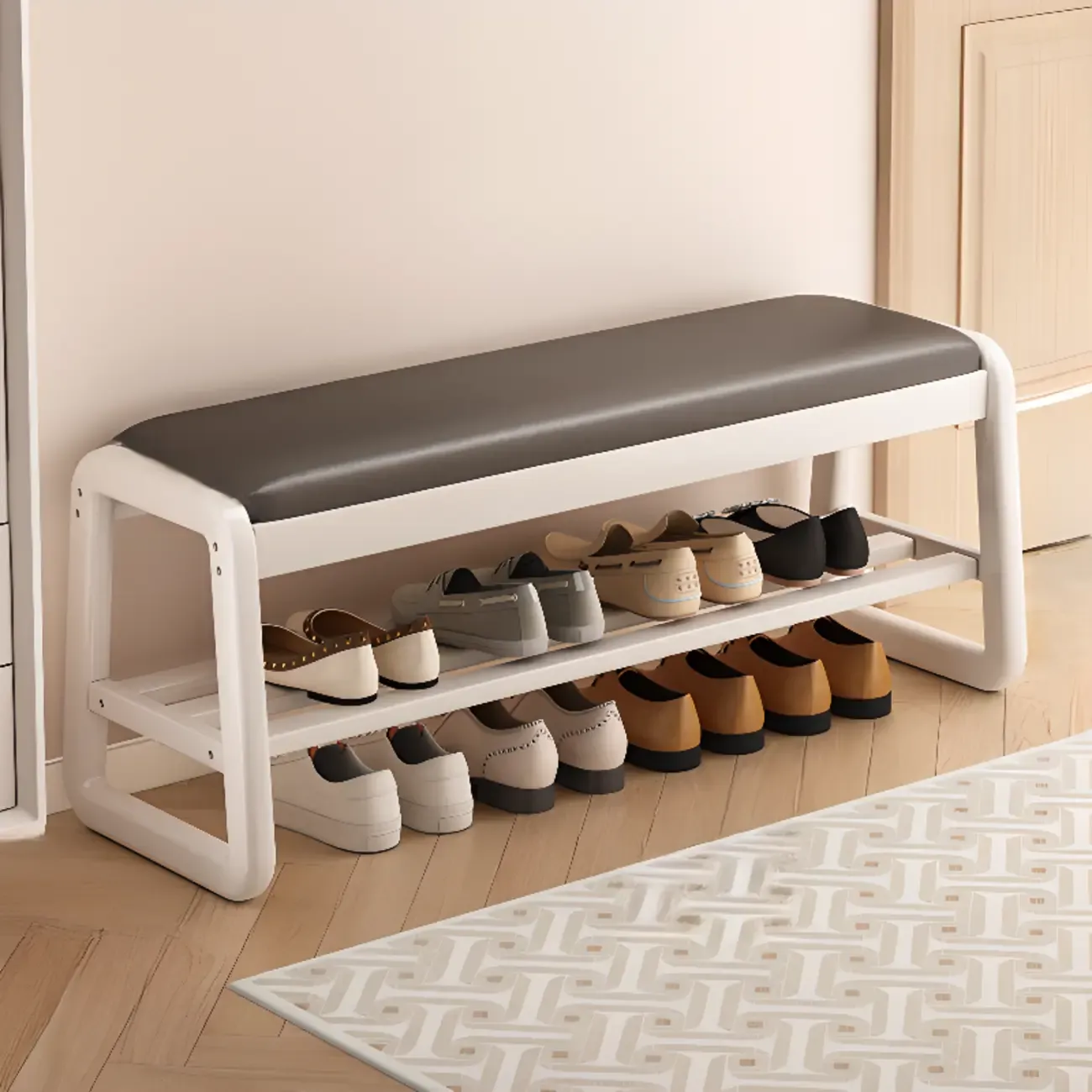Modern Upholstered Natural Wooden Bench with Shoe Storage Image - 31