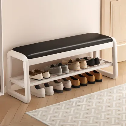 Modern Upholstered Natural Wooden Bench with Shoe Storage Image - 34
