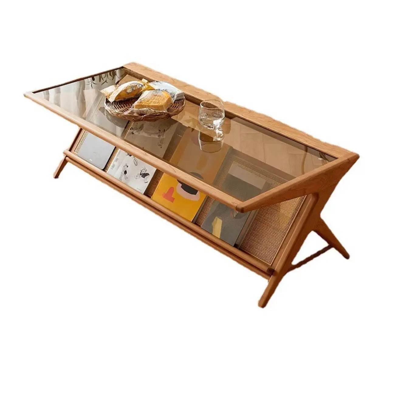 Modern Brown Rectangle Glass Wood Coffee Table with Shelf Image - 5 | homeyfad