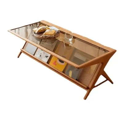 Modern Brown Rectangle Glass Wood Coffee Table with Shelf Image - 5
