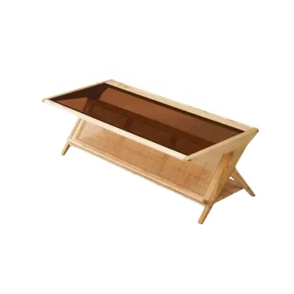 Modern Brown Rectangle Glass Wood Coffee Table with Shelf Image - 6