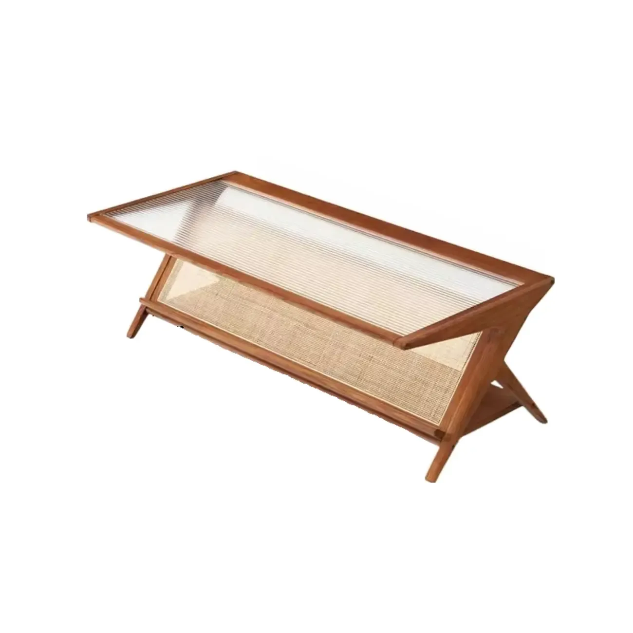 Modern Brown Rectangle Glass Wood Coffee Table with Shelf Image - 9