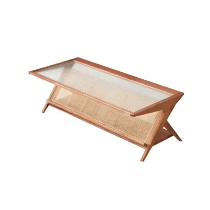 Modern Brown Rectangle Glass Wood Coffee Table with Shelf Image - 13