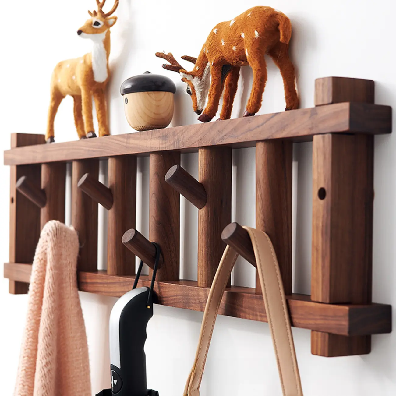 Scandinavian Dark Walnut Wall-Mounted Wooden Coat Rack Image - 1 | homeyfad