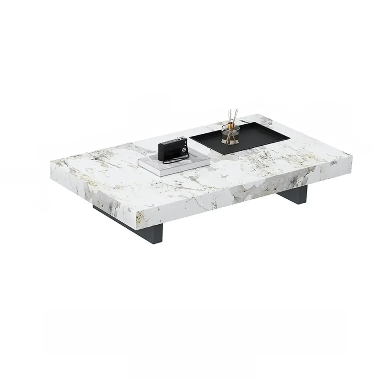Modern Stone Black Rectangular Metal Base Table Image - 6