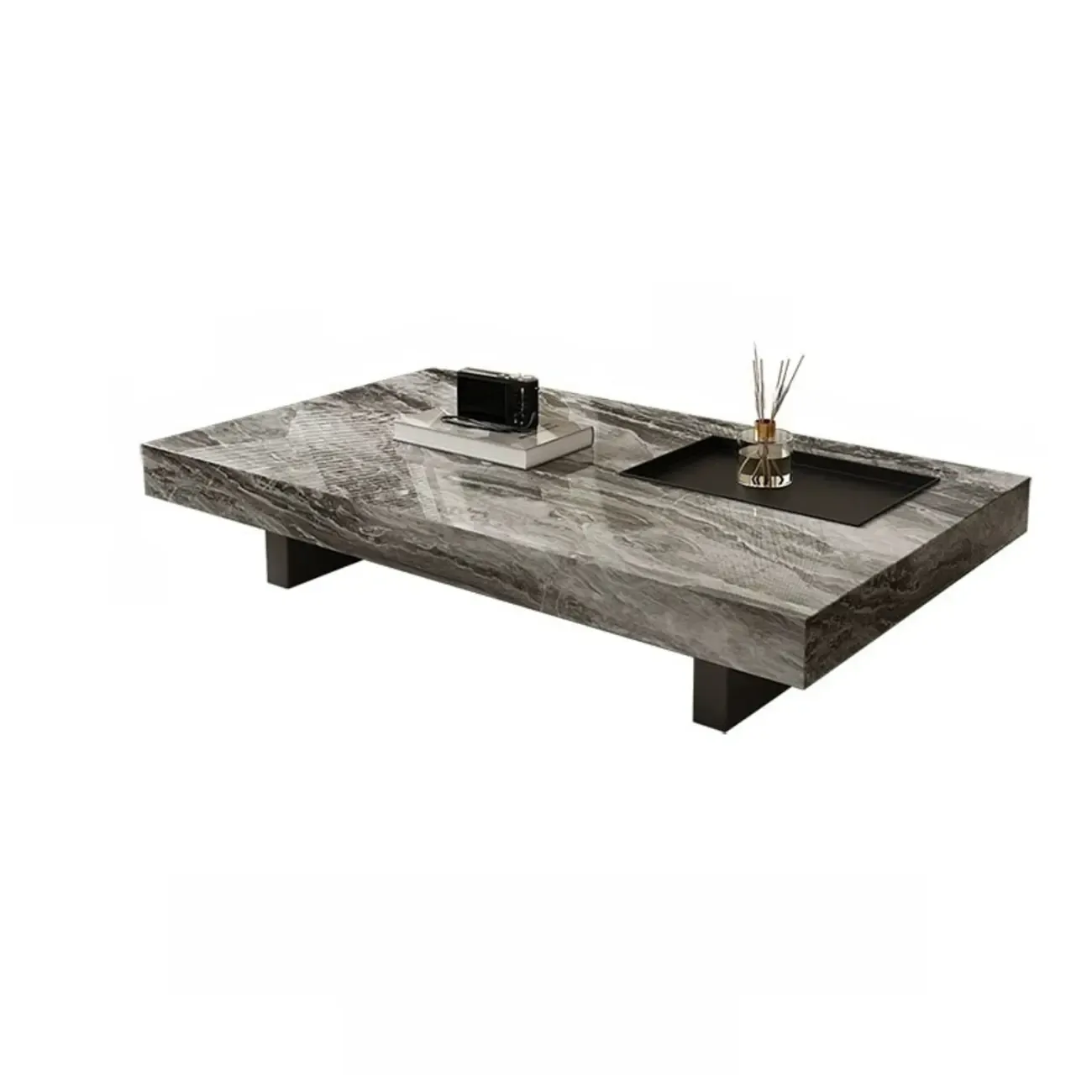 Modern Stone Black Rectangular Metal Base Table Image - 4