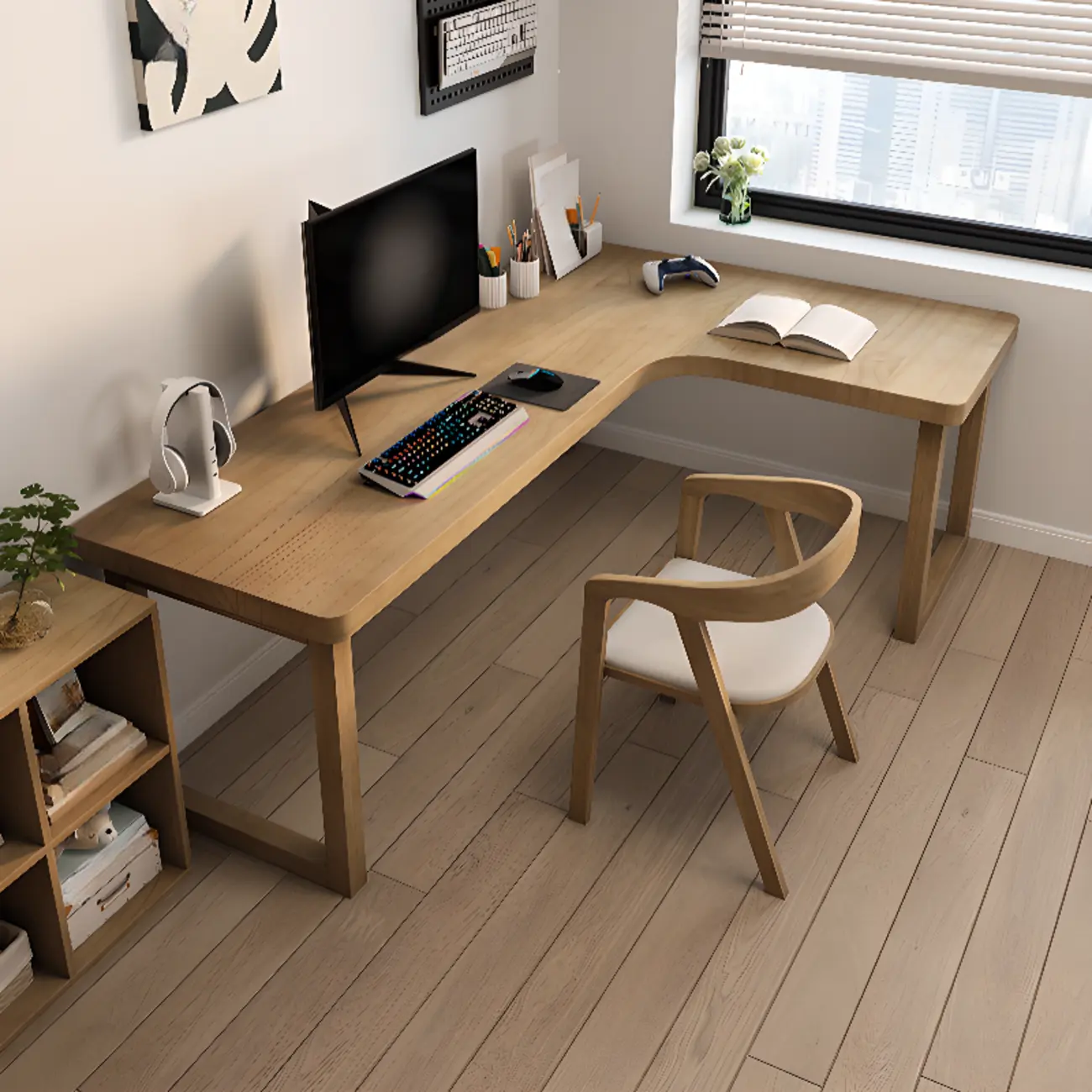 55"L L-Shaped Natural Pine Office Desk Image - 1 | homeyfad