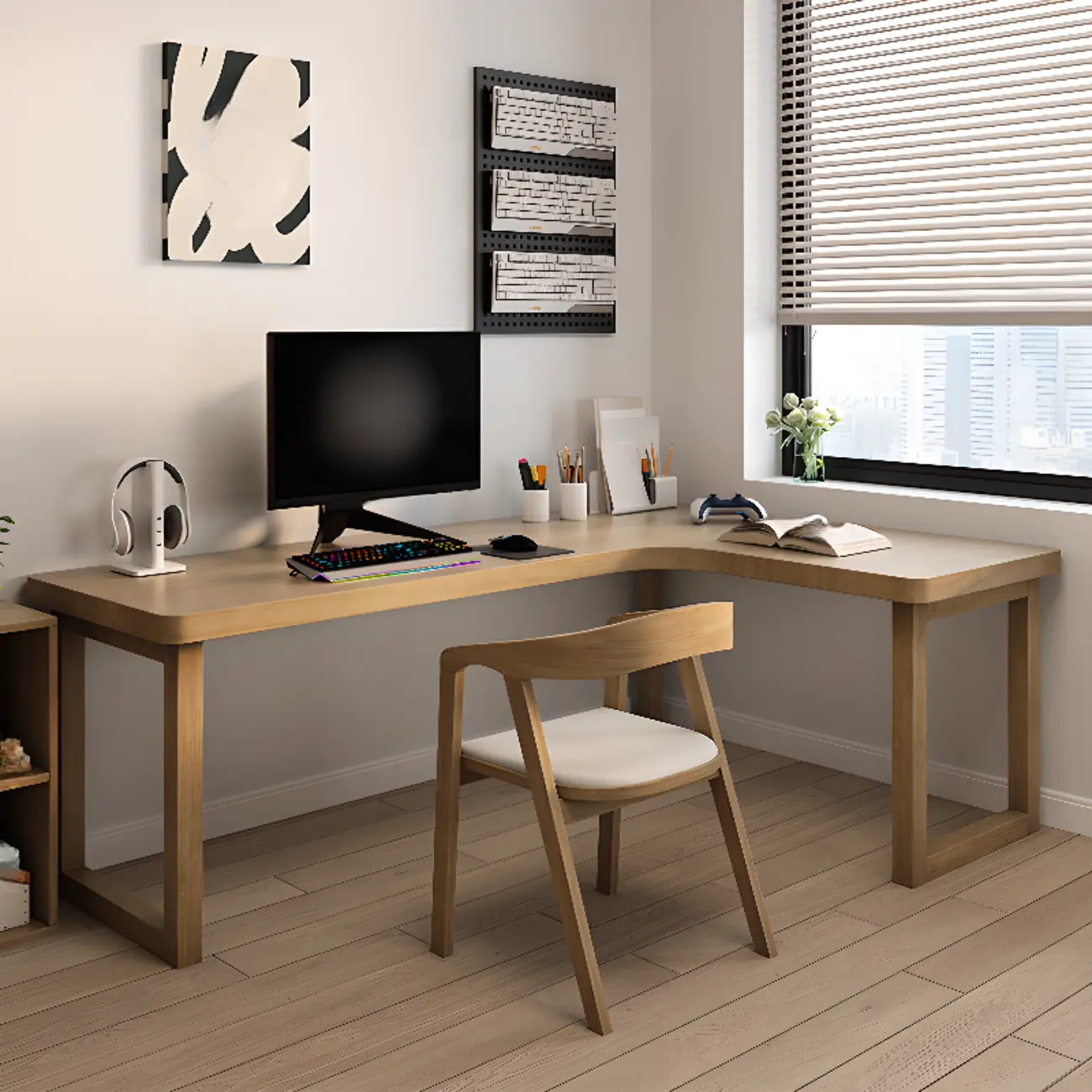 55"L L-Shaped Natural Pine Office Desk Image - 2 | homeyfad