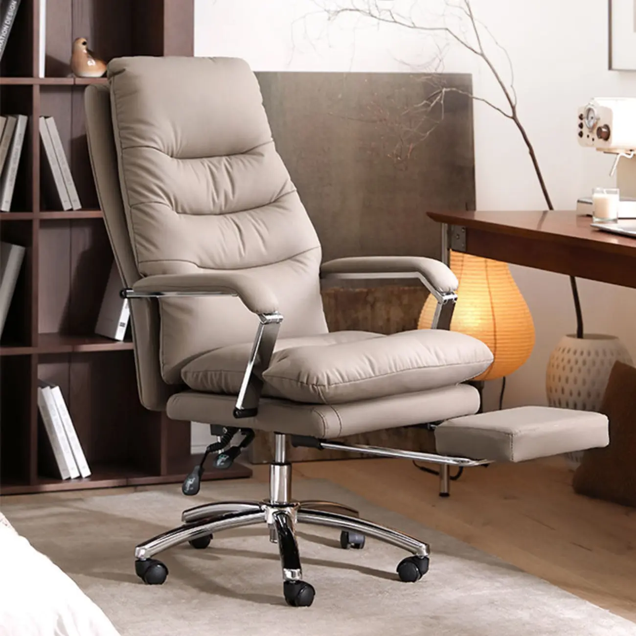 Ergonomic Beige Leather Reclining Office Chair Image - 1 | homeyfad