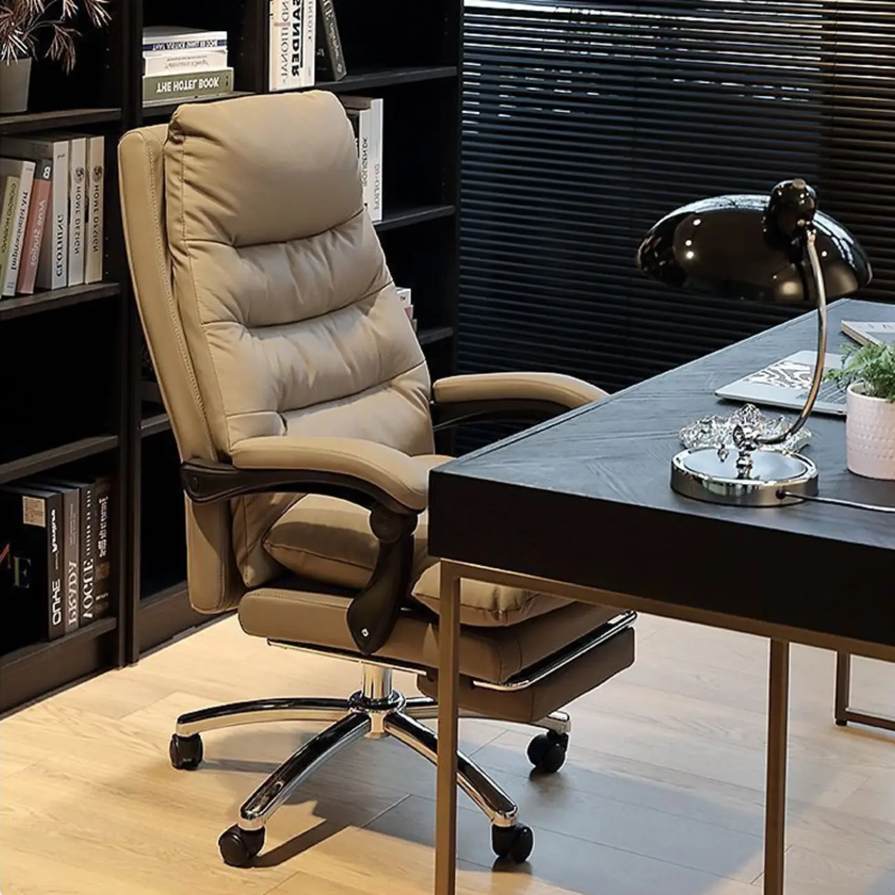 Ergonomic Beige Leather Reclining Office Chair Image - 3 | homeyfad