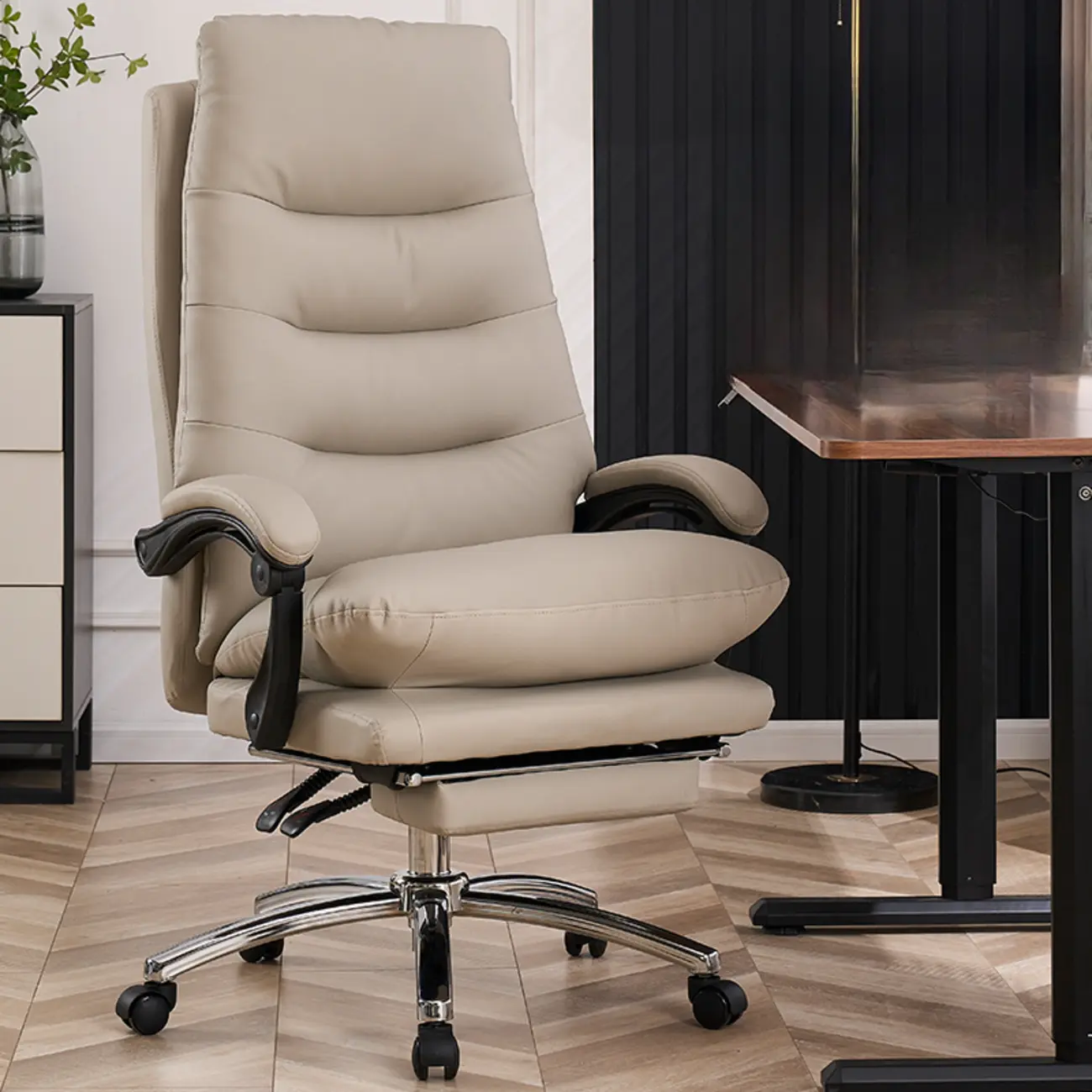 Ergonomic Beige Leather Reclining Office Chair Image - 4 | homeyfad