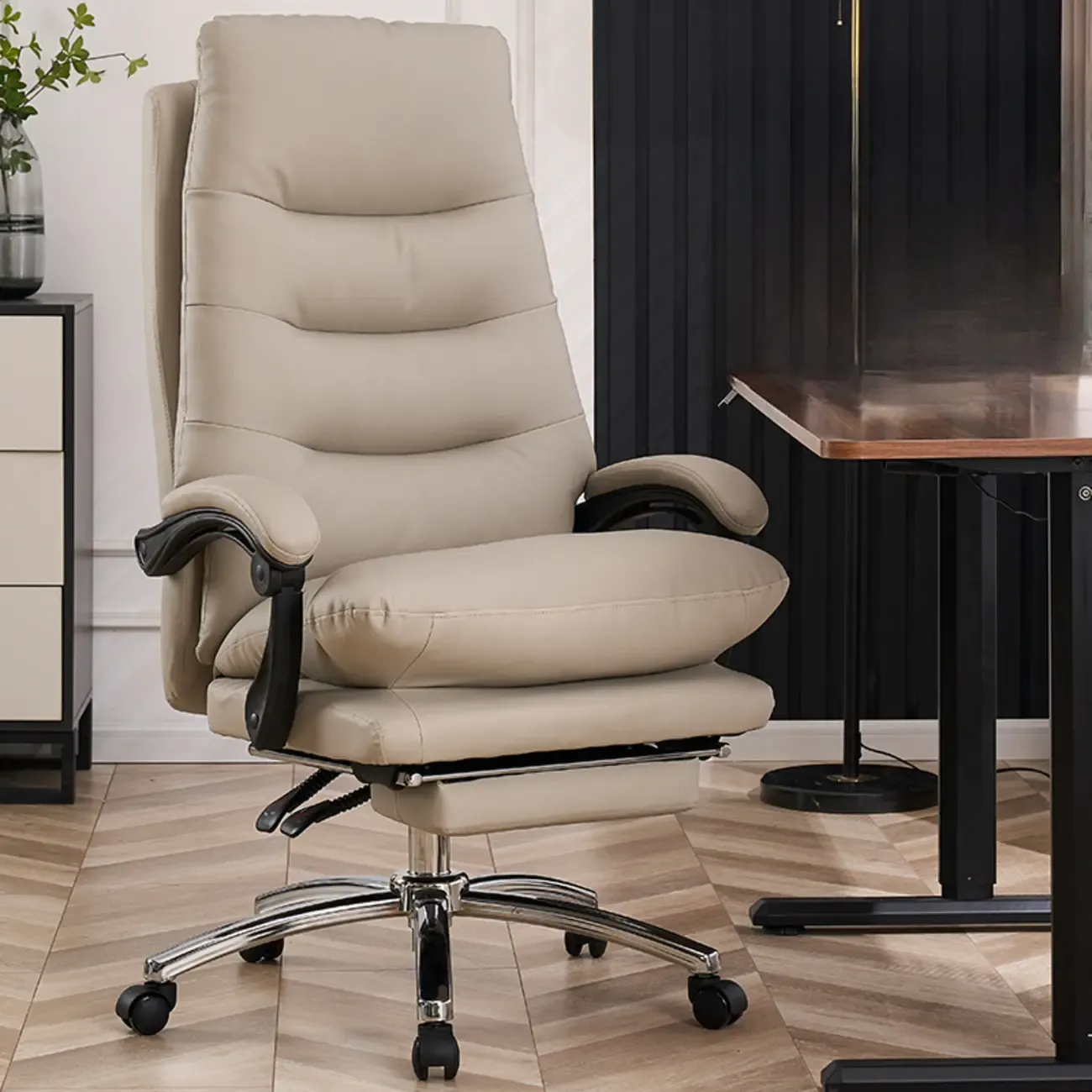 Ergonomic Beige Leather Reclining Office Chair Image - 4