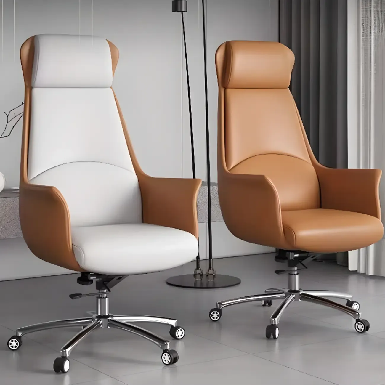 Modern White Orange Leather Ergonomic Executive Office Chair Image - 4