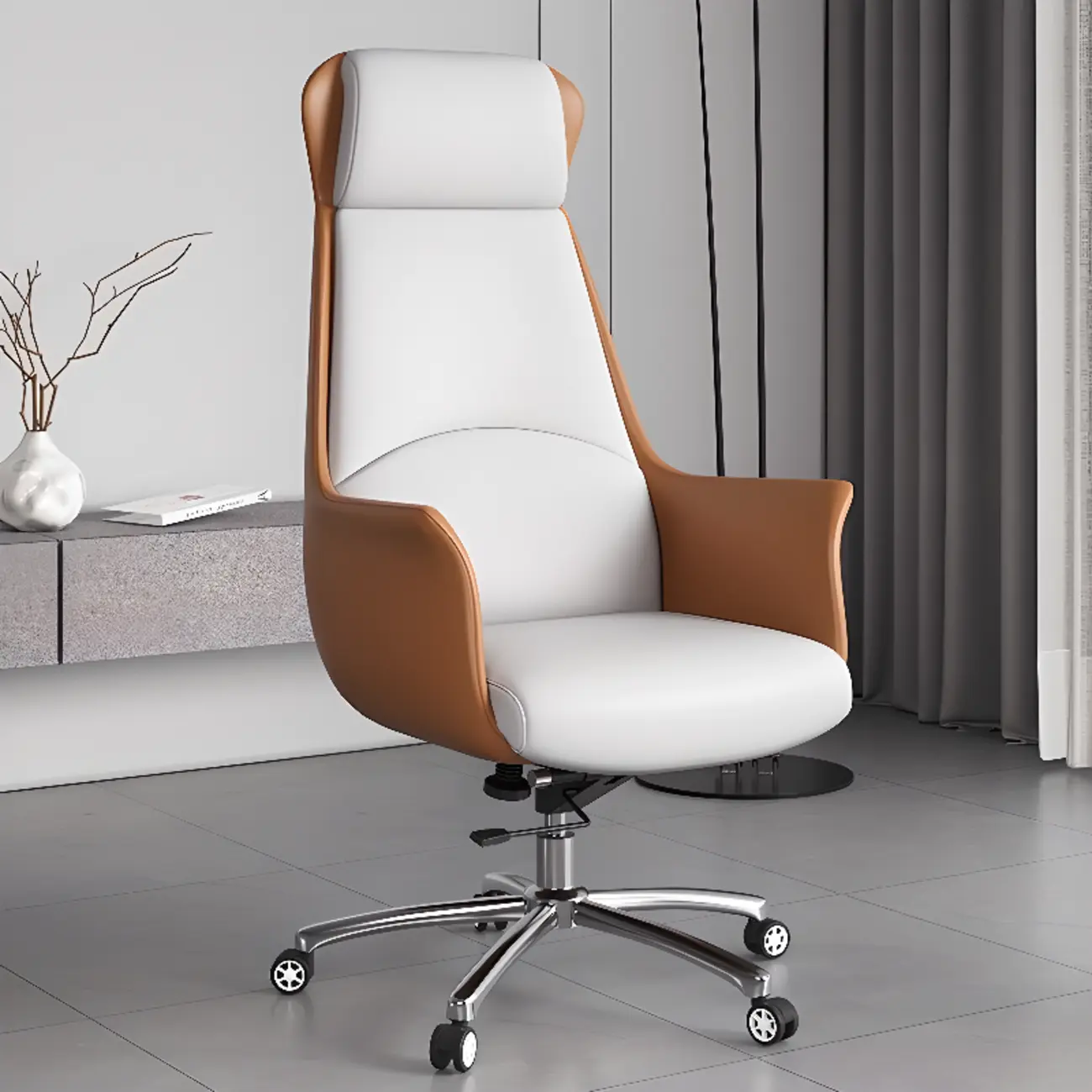 Modern White Orange Leather Ergonomic Executive Office Chair Image - 7 | homeyfad