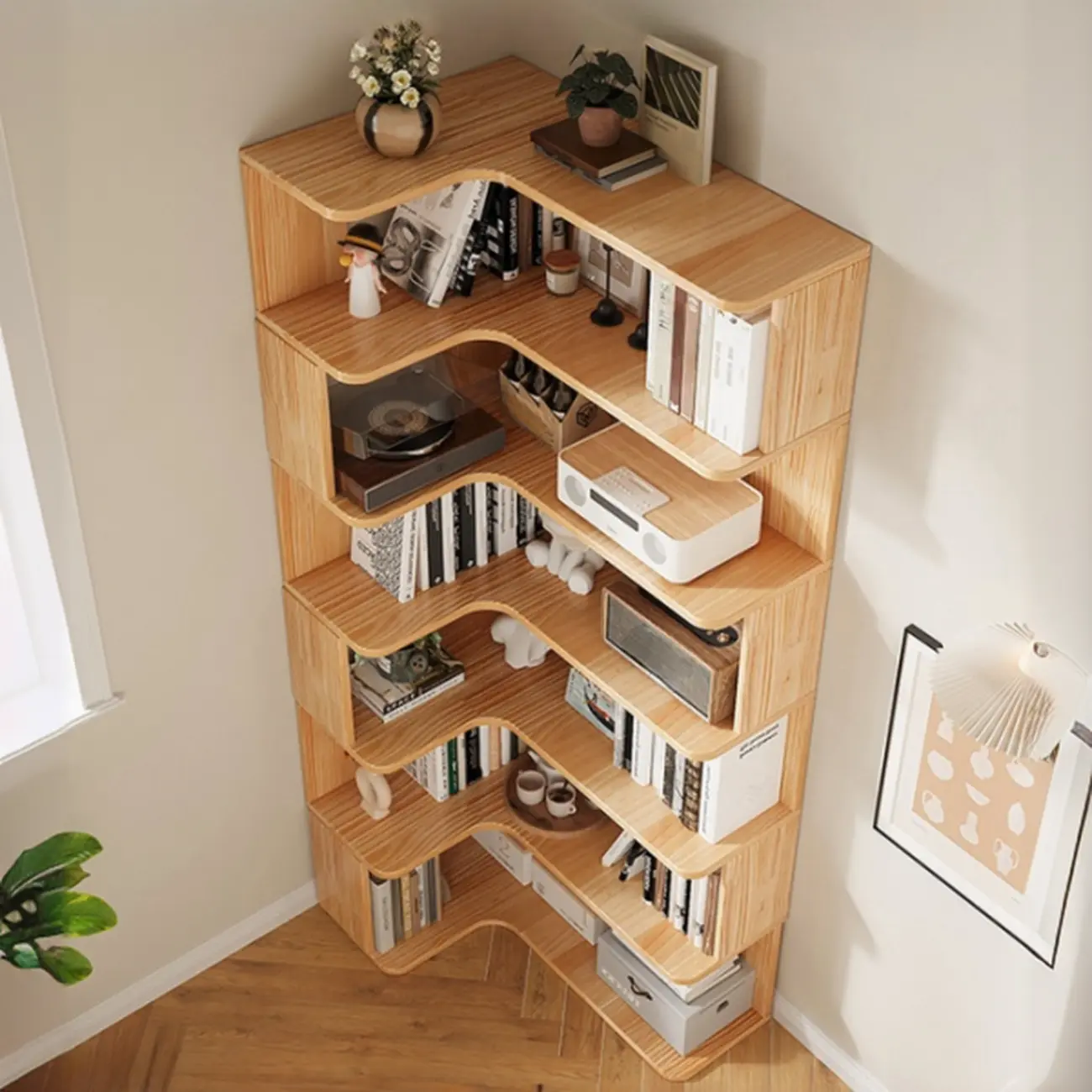 Natural Finish L-Shaped Vertical Wood Open Back Bookcase Image - 2 | homeyfad