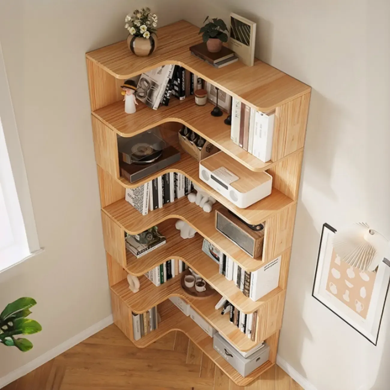 Natural Finish L-Shaped Vertical Wood Open Back Bookcase Image - 2