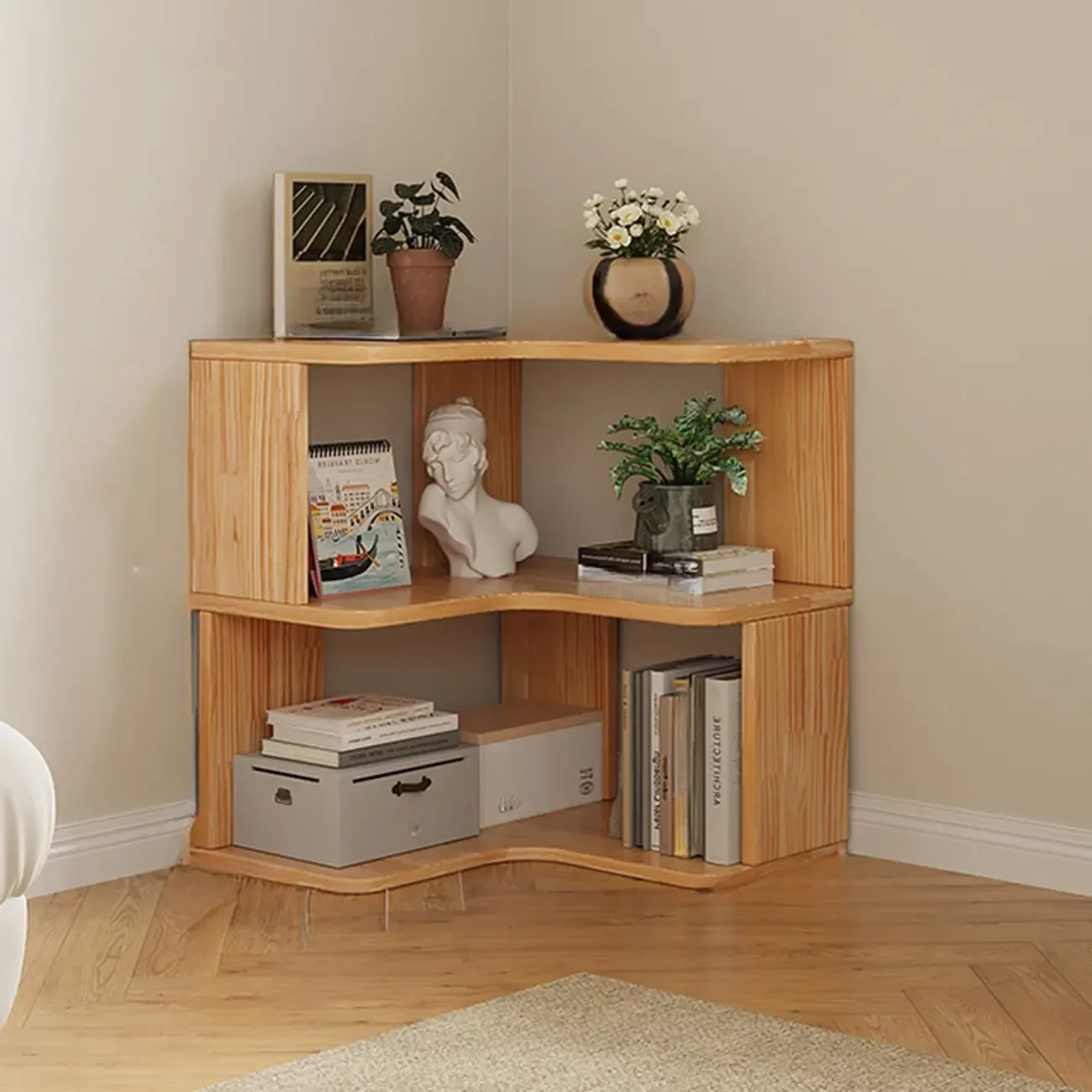 Natural Finish L-Shaped Vertical Wood Open Back Bookcase Image - 3
