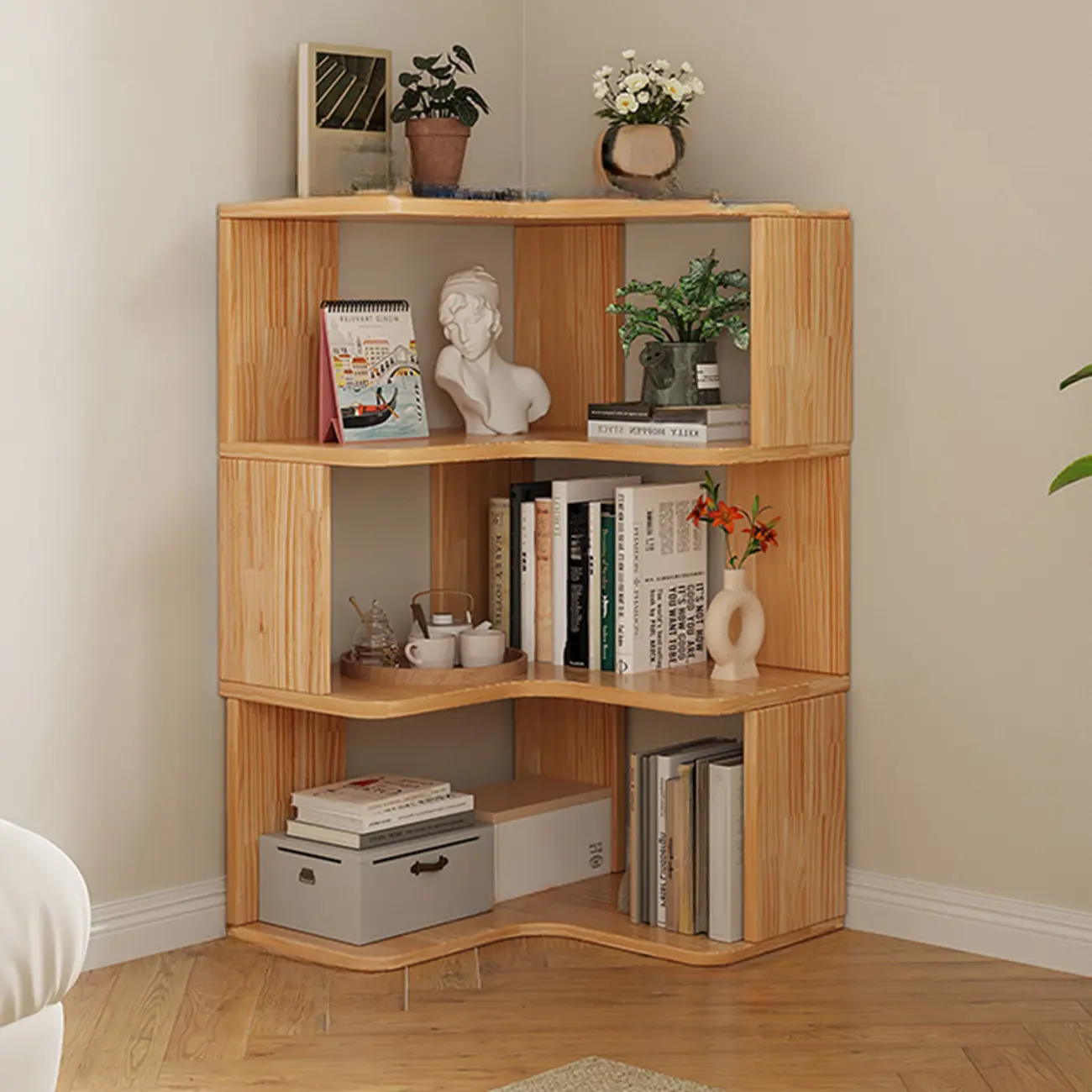 Natural Finish L-Shaped Vertical Wood Open Back Bookcase Image - 4 | homeyfad
